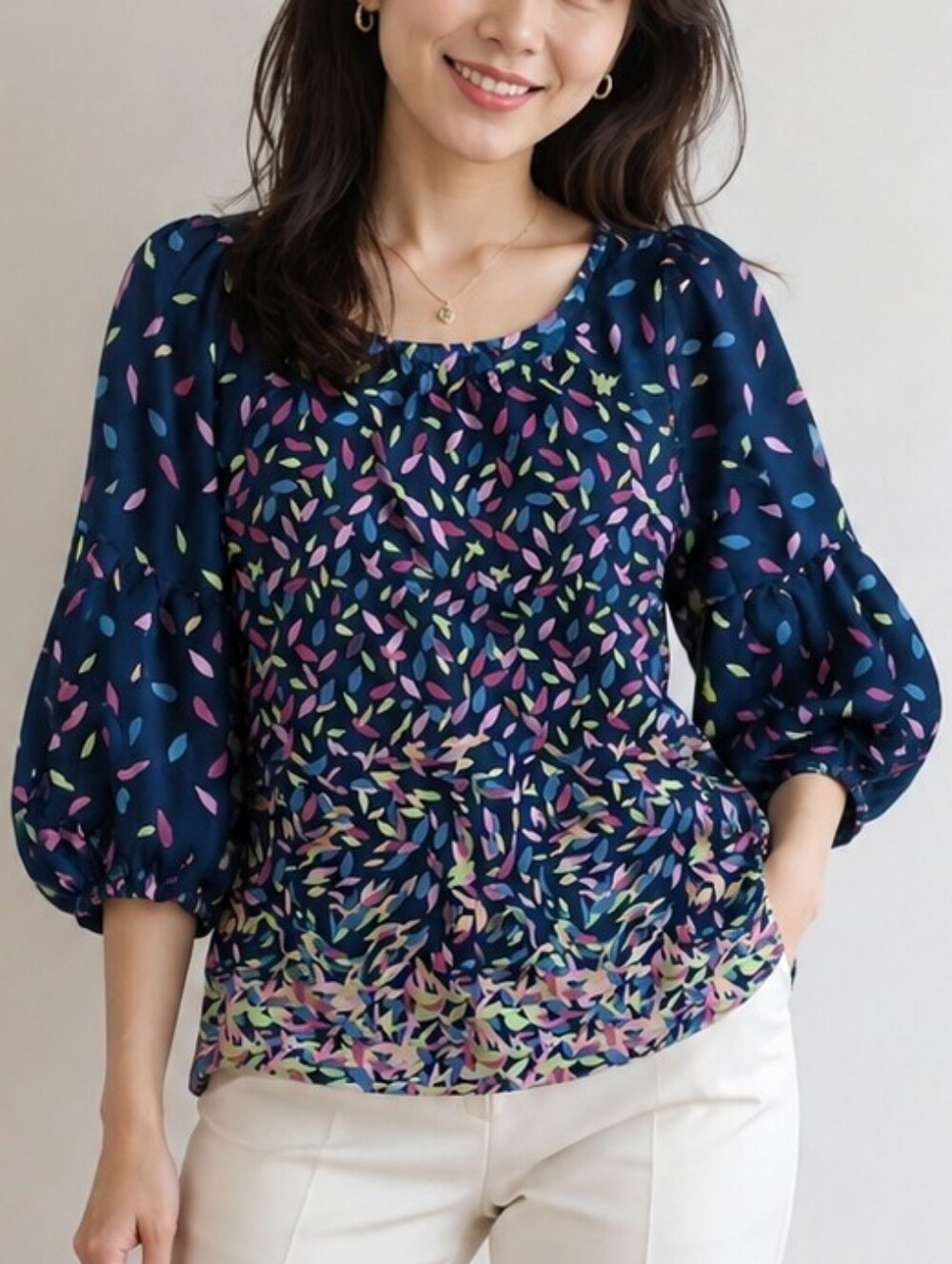 BCBG Navy Multicolor Leaf-Print Puff-Sleeve Blouse Top Sz Size Medium M